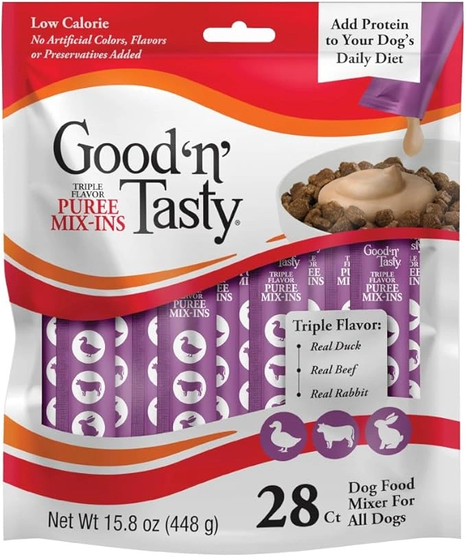 "Good 'n' Tasty Triple Flavor Puree Mix-Ins: Wet Chewy Dog Food Topper